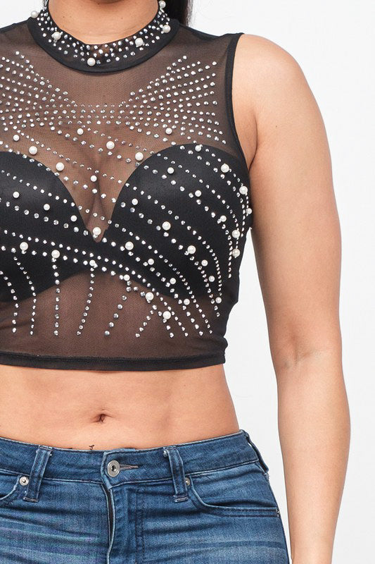 Glitz & Pearls Mesh Top (BLACK)