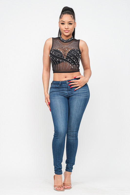 Glitz & Pearls Mesh Top (BLACK)