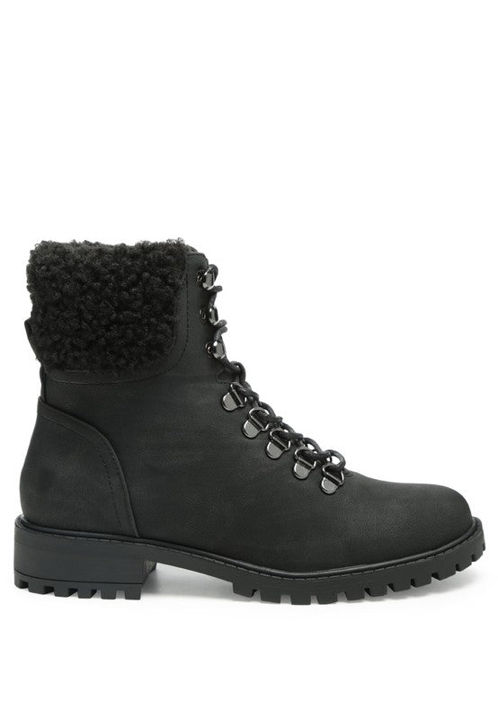 Dolon Lace-Up Fur Collared Ankle Boot (BLACK)