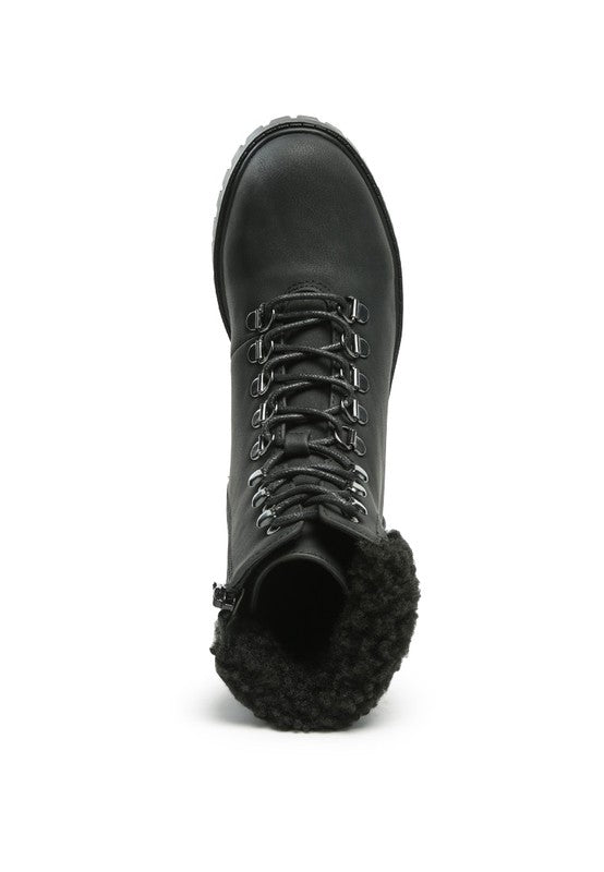 Dolon Lace-Up Fur Collared Ankle Boot (BLACK)