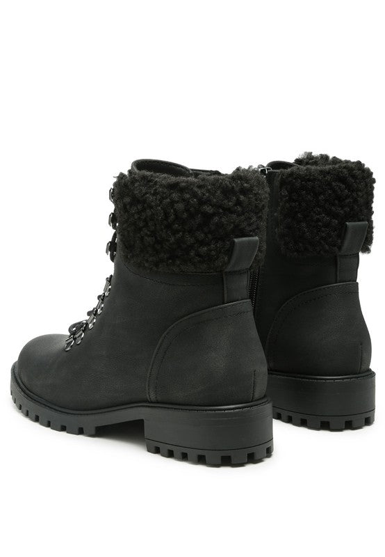 Dolon Lace-Up Fur Collared Ankle Boot (BLACK)