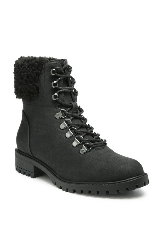 Dolon Lace-Up Fur Collared Ankle Boot (BLACK)